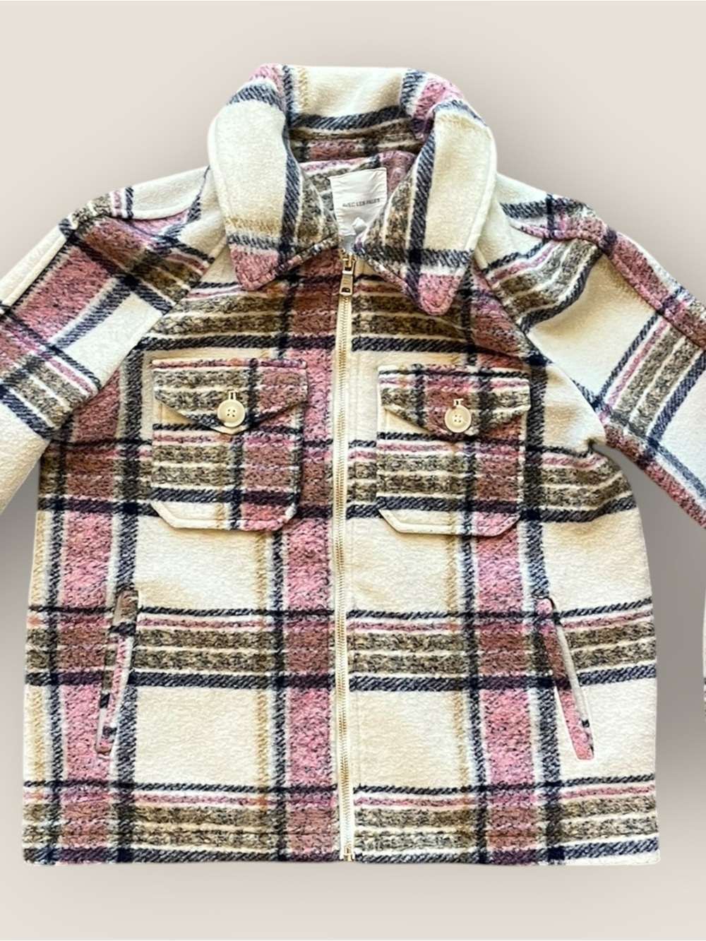 Avec Les Filles Cream, Pink and Black Plaid Pea Coat